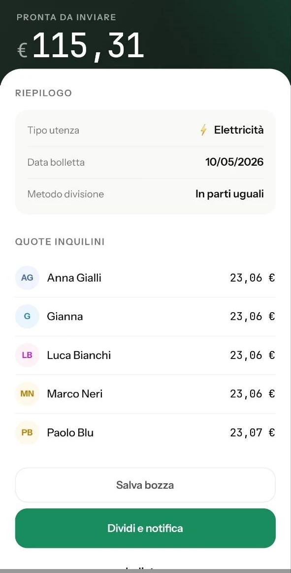 Riepilogo bolletta in Plinthos con lo stato delle quote di ogni inquilino