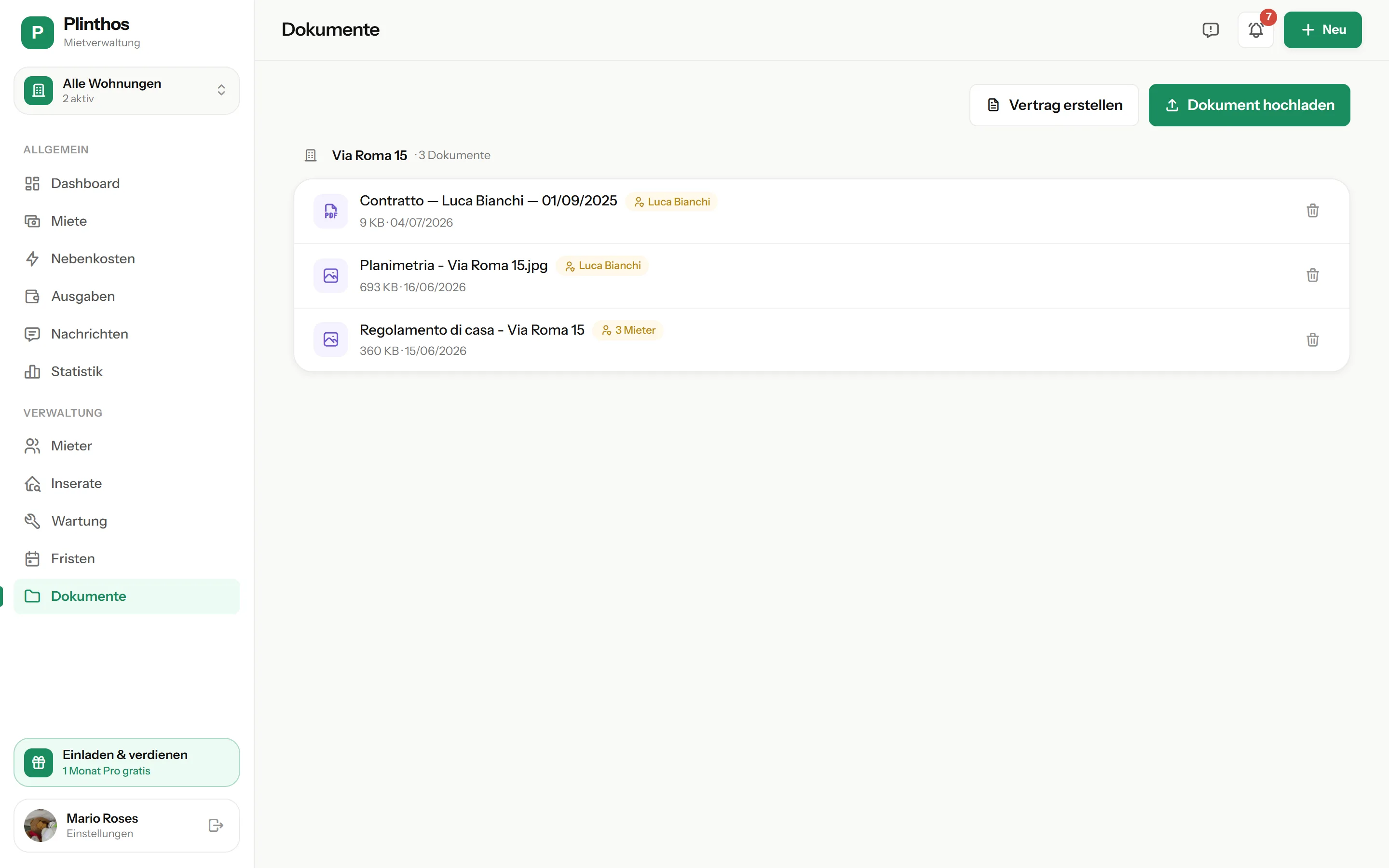 Dokumentenseite in Plinthos: Mietvertrag, Grundriss und Hausordnung als PDF, jeweils mit der Angabe, welcher Mieter sie sieht