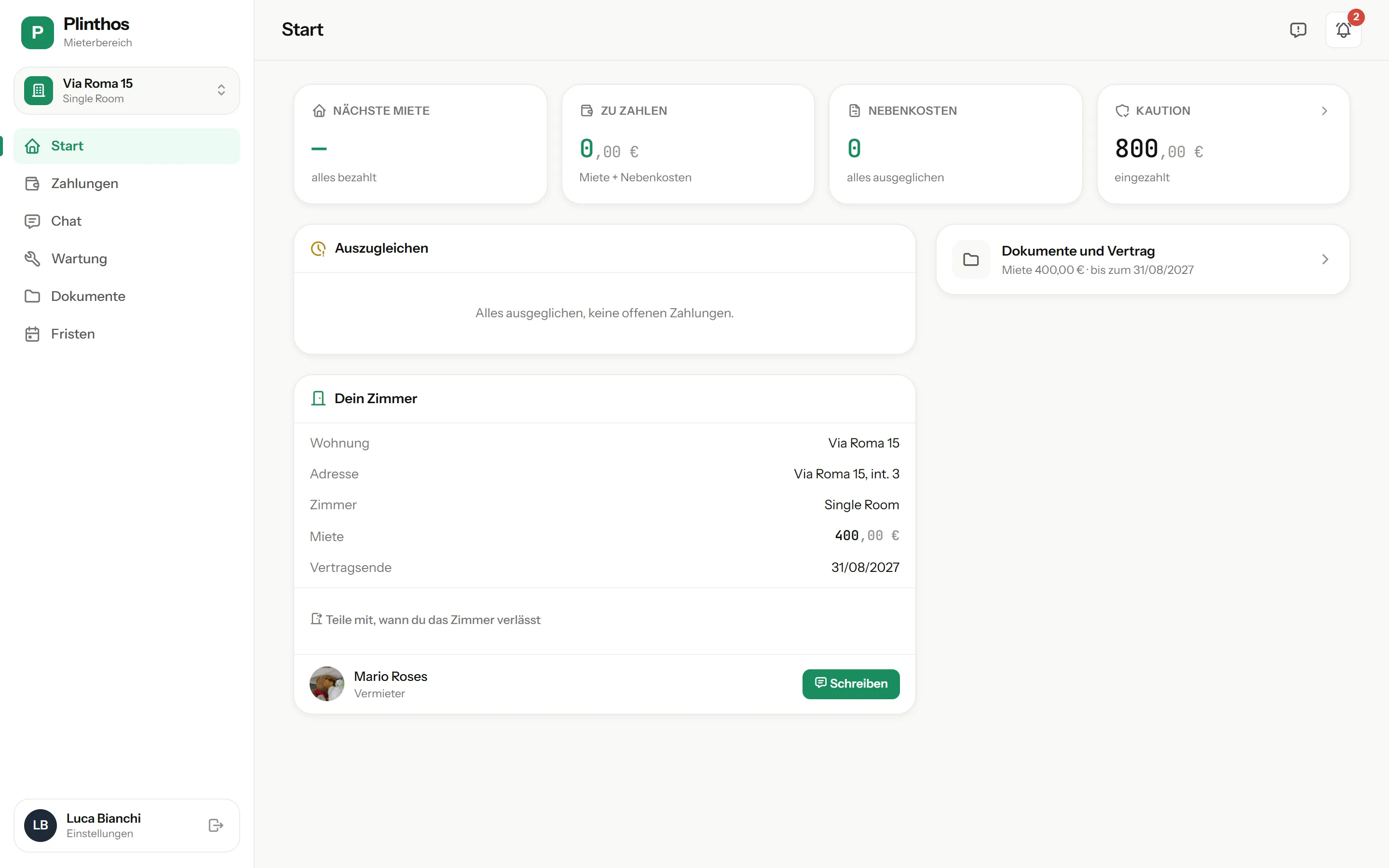 Startbildschirm der Mieter-App: nächste Miete als bezahlt bestätigt, Kaution hinterlegt, Zimmerdaten und Direktkontakt zum Vermieter