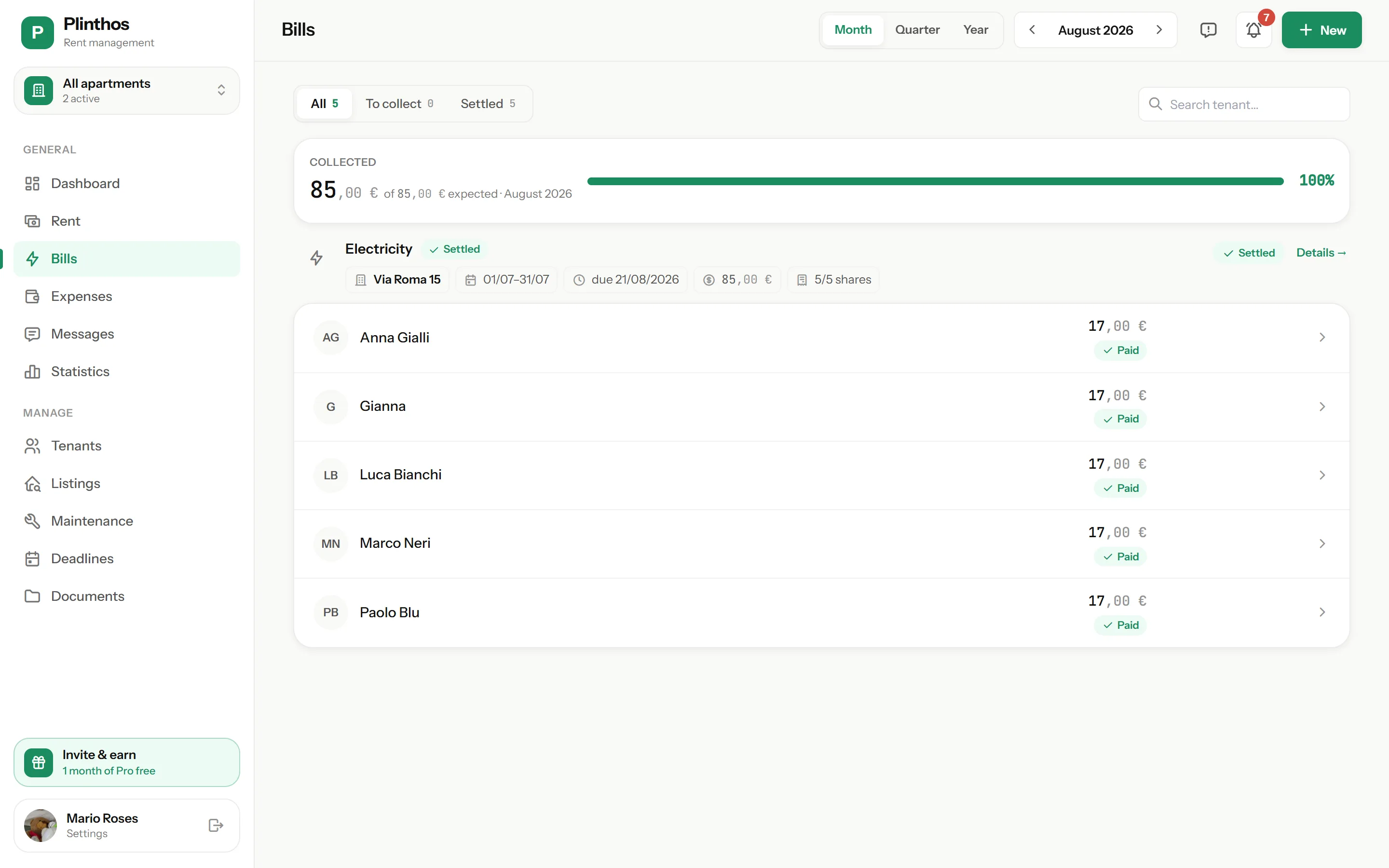 Bills page in the Plinthos web app: an electricity bill settled with all five tenant shares paid
