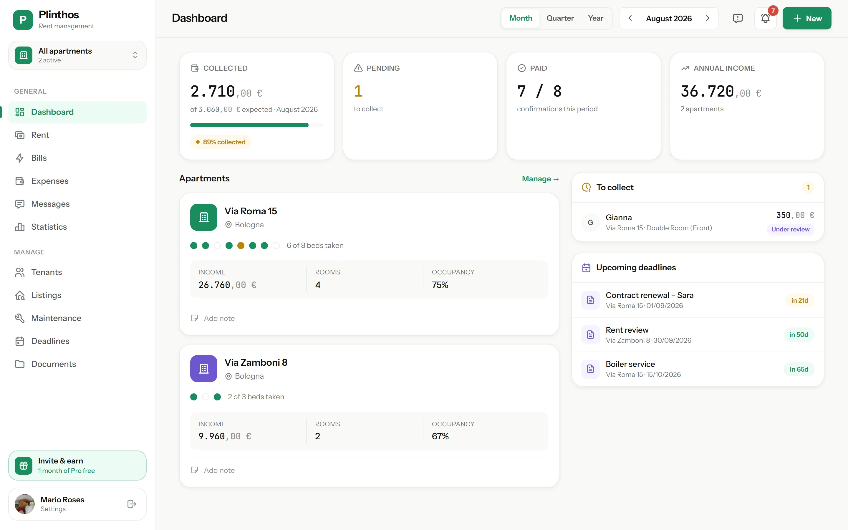 Plinthos dashboard: monthly collections, confirmations, apartment occupancy and upcoming deadlines