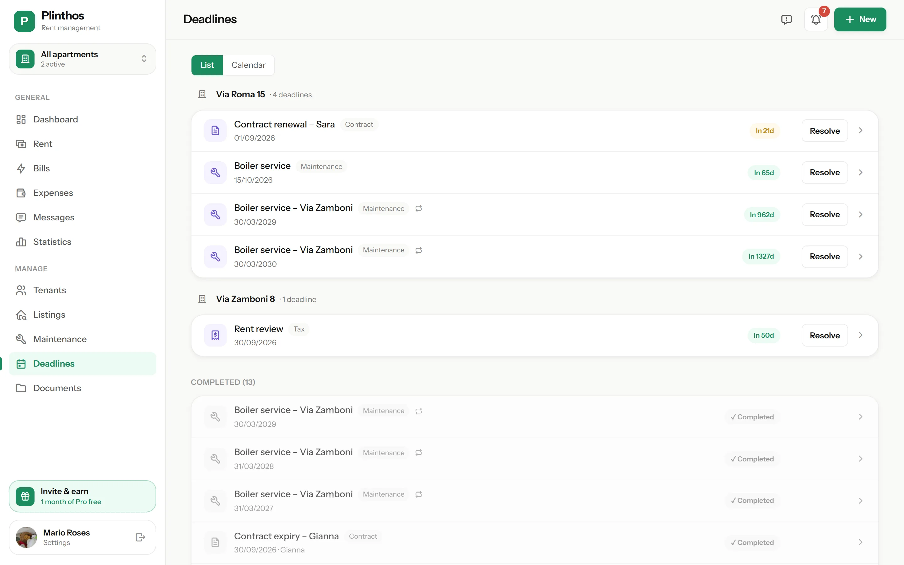 Deadline calendar in the Plinthos web app: contract registration, rent indexation and maintenance dates with days remaining