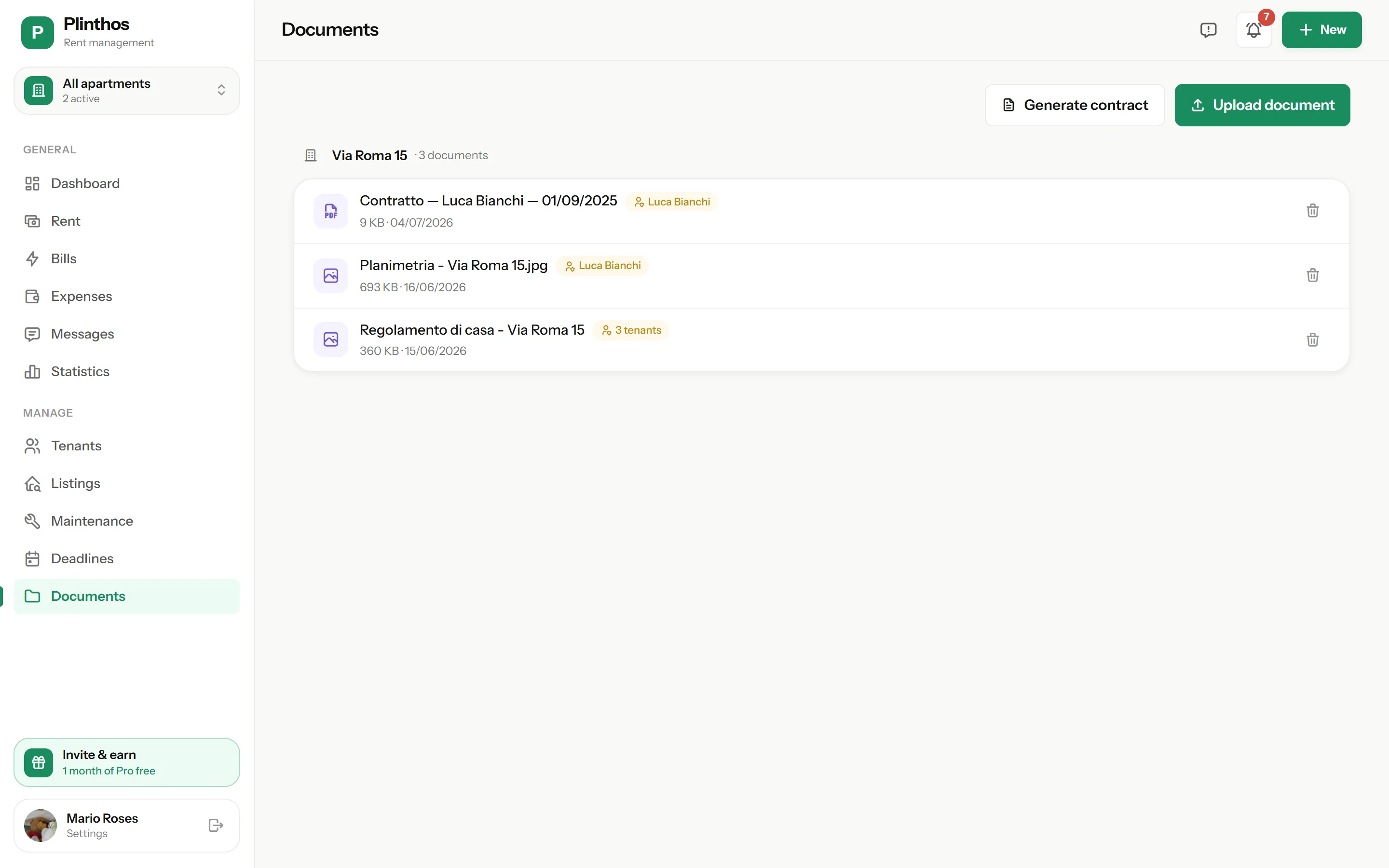 Documents page in the Plinthos web app: contract PDF, floor plan and house rules, each showing which tenant can see it
