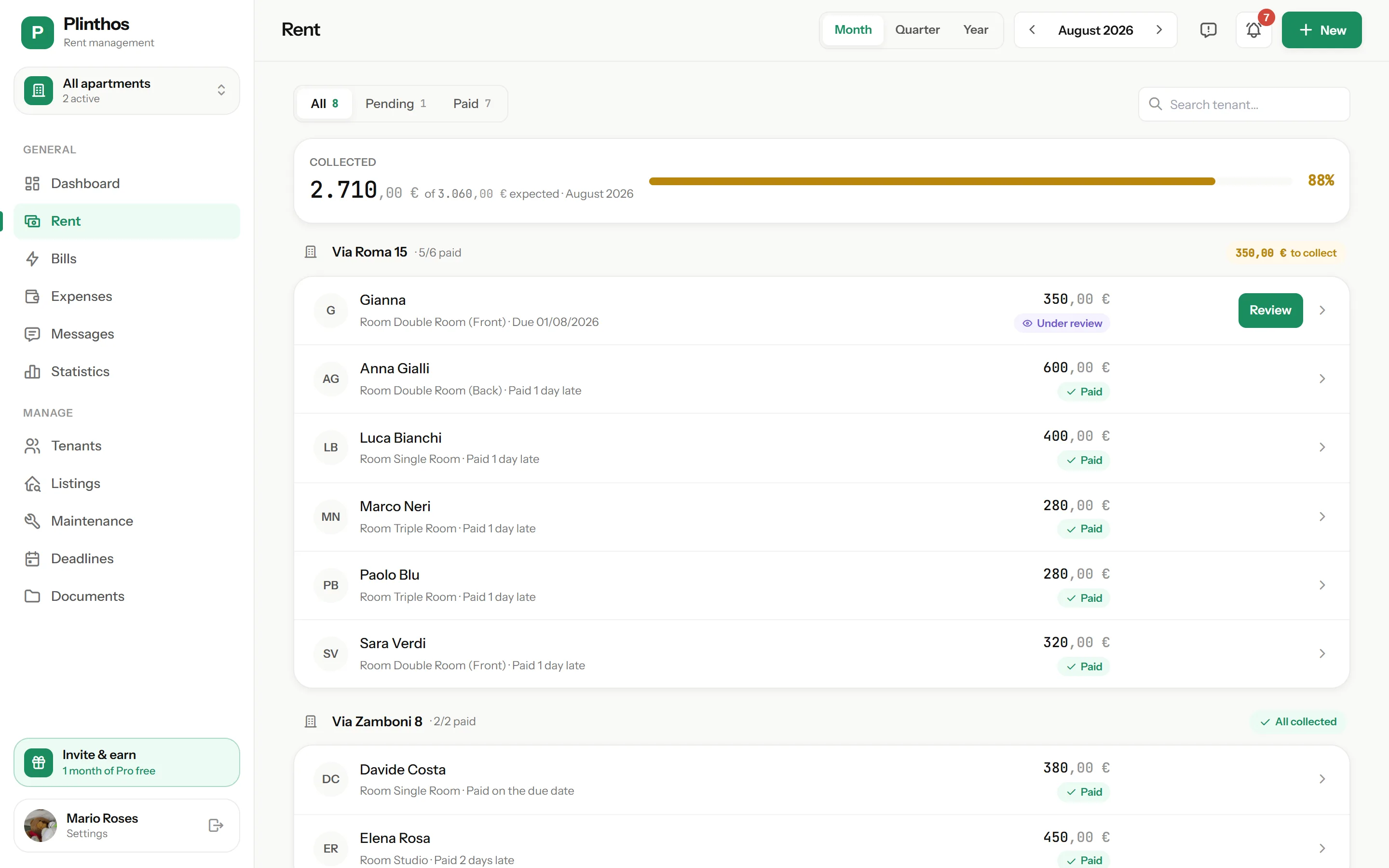 Rent page in the Plinthos web app: monthly rent per tenant, one payment under review with a Review button, the rest paid