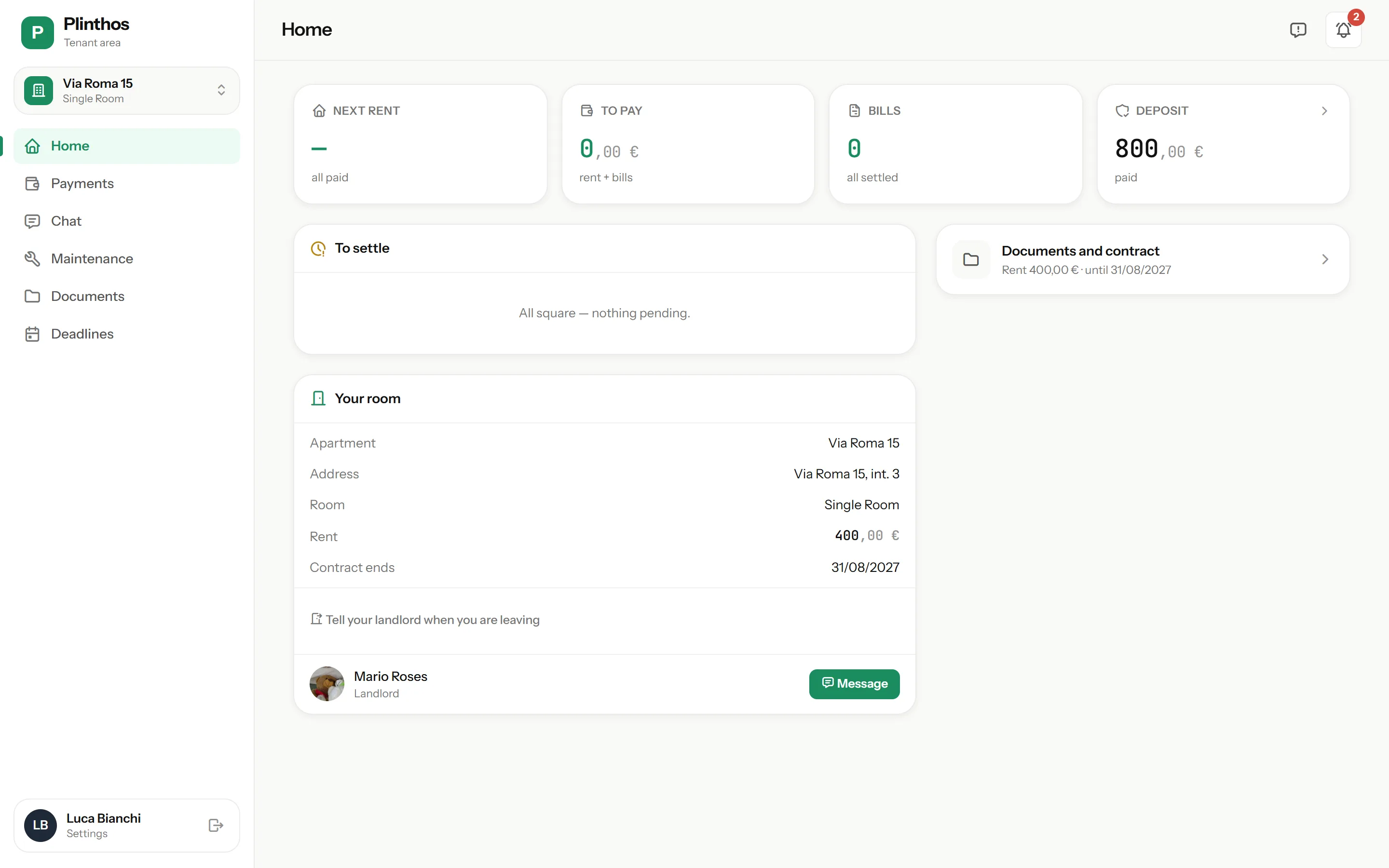 Tenant home in Plinthos: next rent paid, deposit on record, room details and a direct line to the landlord