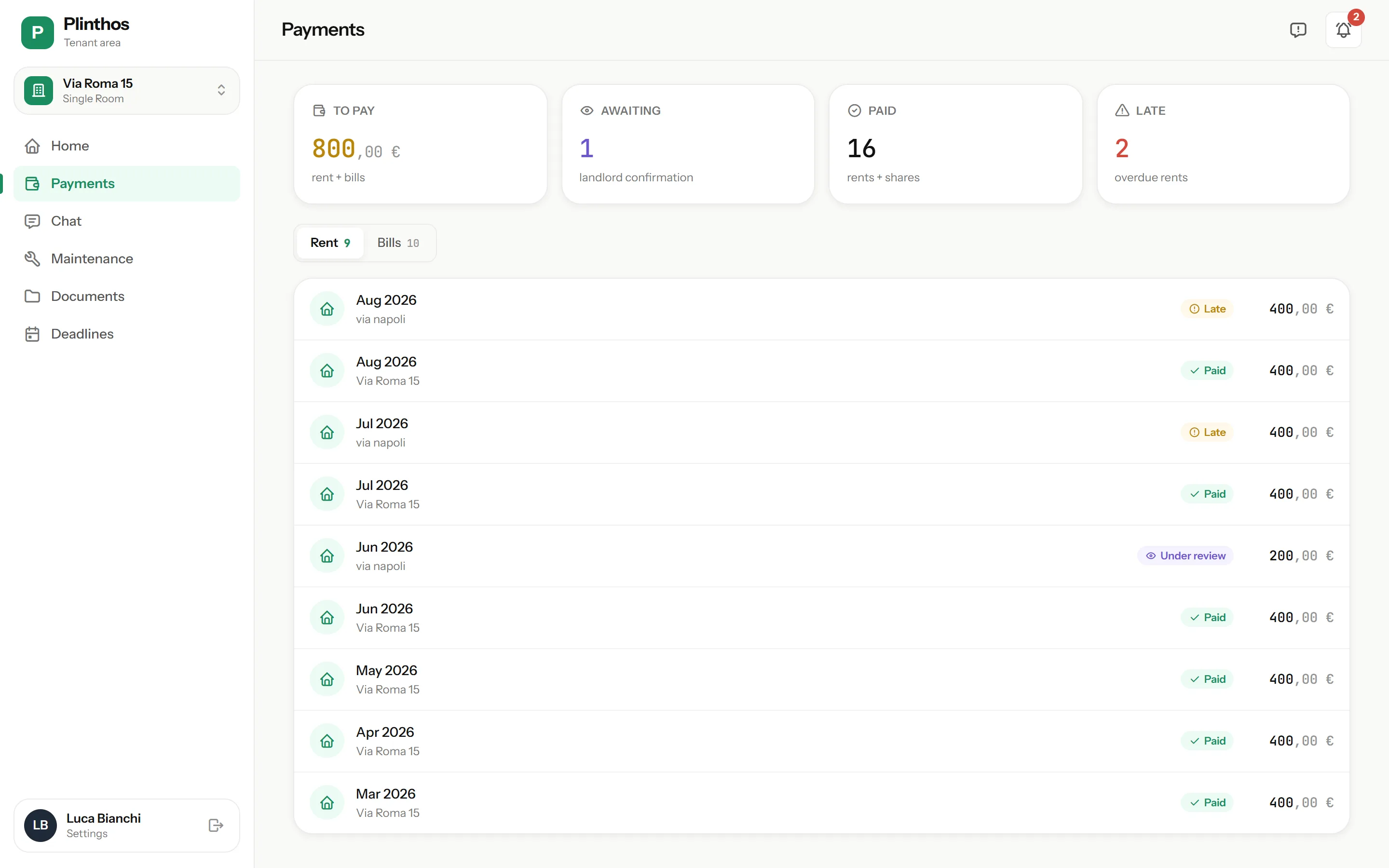 Tenant payment history in Plinthos: monthly rent entries with status and receipts