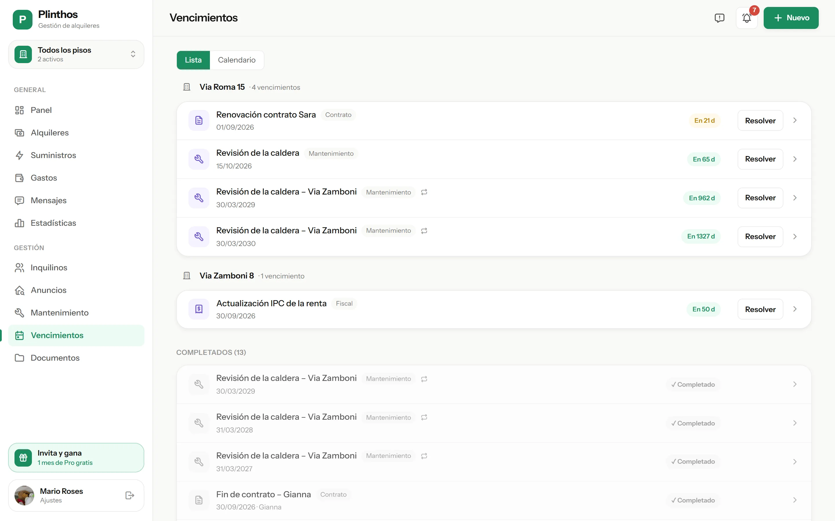 Calendario de vencimientos de Plinthos: registro de contrato, actualización del alquiler y mantenimientos con los días restantes