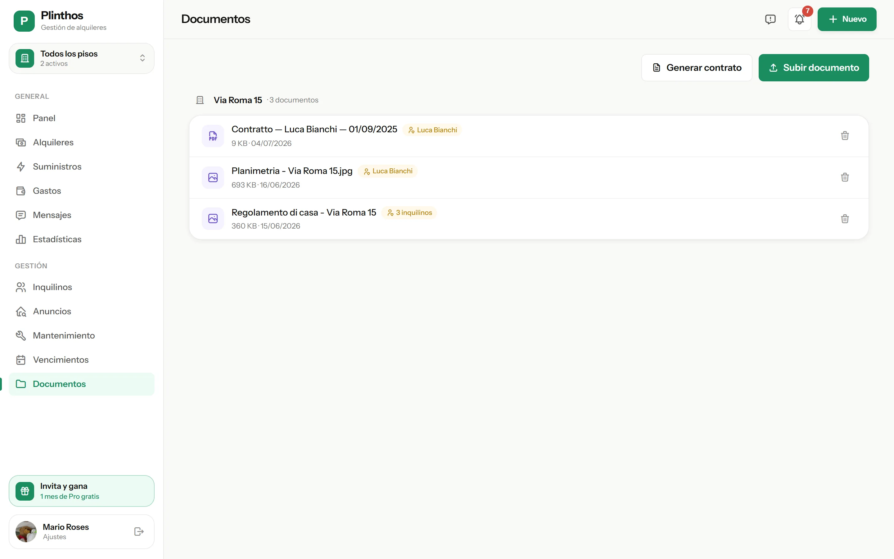 Página Documentos de Plinthos: contrato en PDF, plano y normas de la casa, cada uno con el inquilino que puede verlo