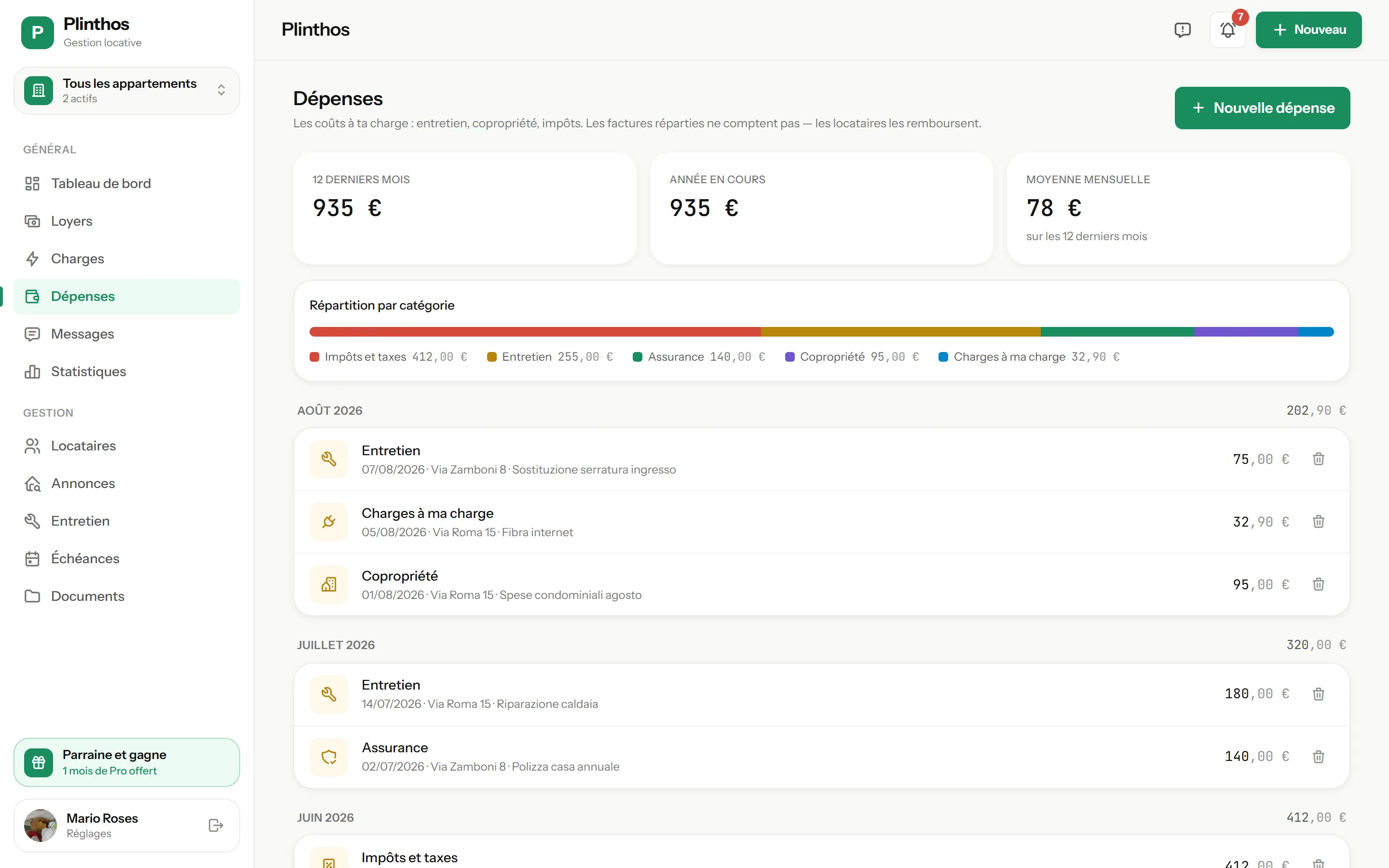 Capture de l’écran Dépenses de Plinthos : la liste des dépenses par catégorie, avec le montant, la date et le justificatif joint à chaque ligne