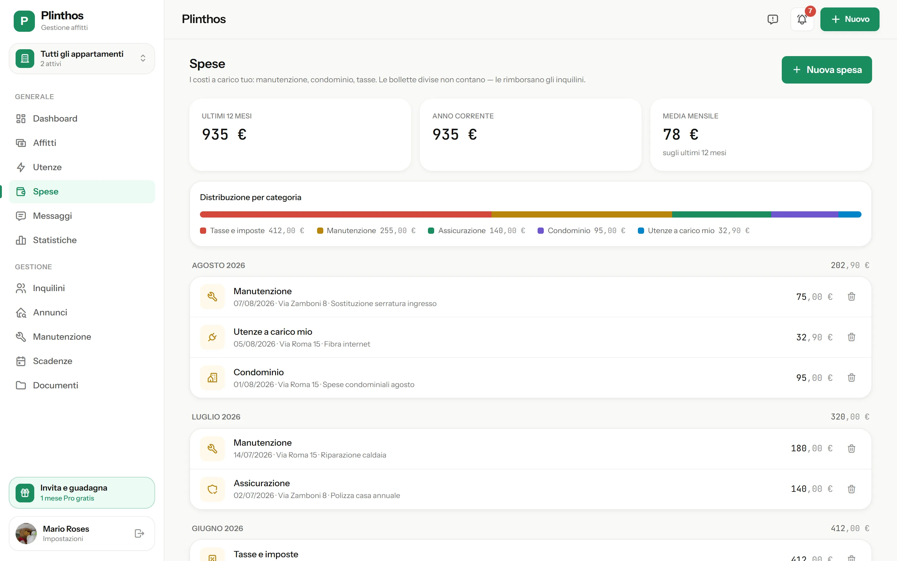 Pagina Spese del gestionale Plinthos: totali degli ultimi 12 mesi, distribuzione per categoria e spese raggruppate per mese