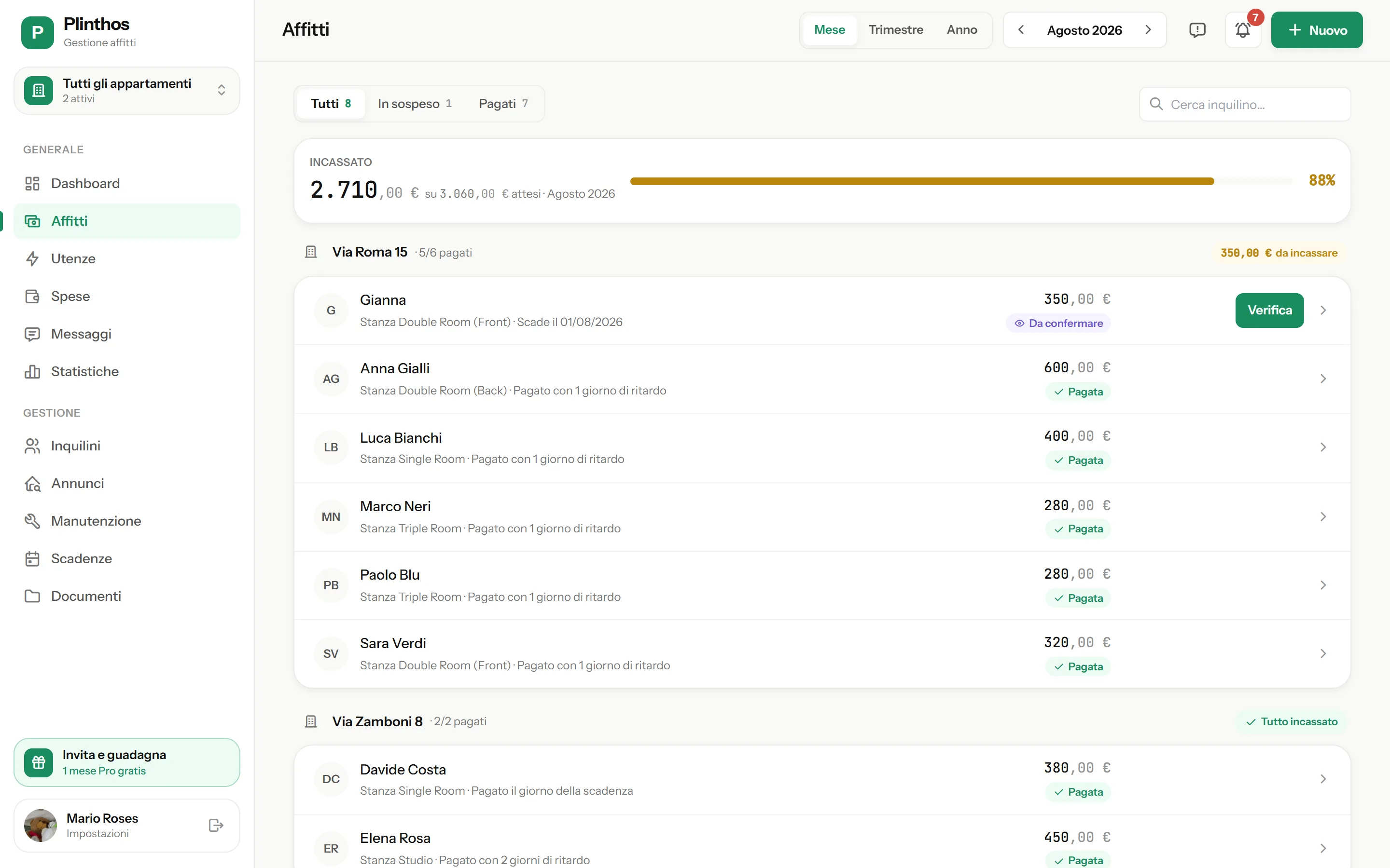 Pagina Affitti del gestionale web Plinthos: canoni del mese per inquilino, un pagamento da confermare con pulsante Verifica, gli altri pagati